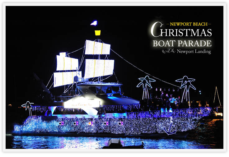 Festively decorated boats at the Newport Beach Christmas Boat Parade from Newport Landing